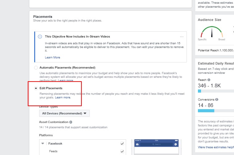 Facebook Ads Edit Placements